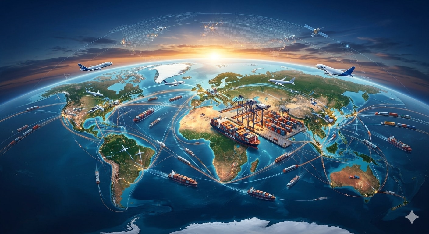 Global logistics and supply chain network connecting continents
